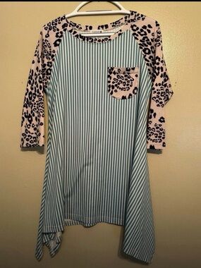 Nuggles Striped Tunic with Leopard Pocket & Raglan Sleeves